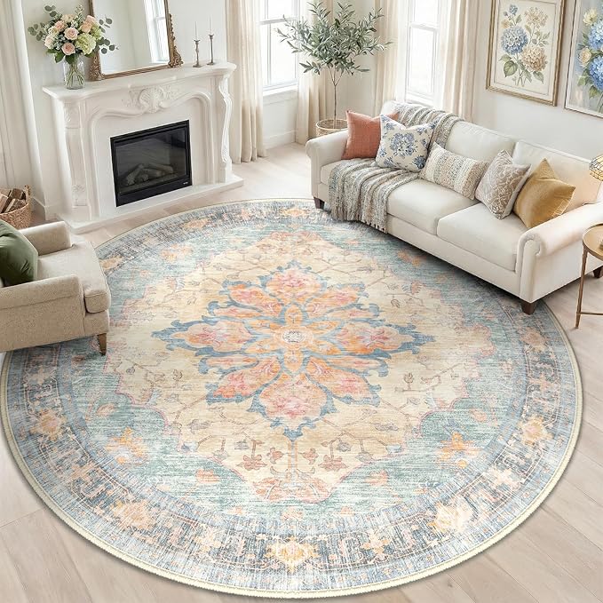 RELEANY Area Rugs Round 6ft Washable Non-Slip, Floral Vintage Distress Medallion Carpet for Living Room Bedroom Dining Room, Blue Orange Red