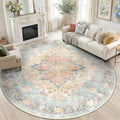 RELEANY Area Rugs Round 8ft Washable Non-Slip, Floral Vintage Distress Medallion Carpet for Living Room Bedroom Dining Room, Blue Orange Red