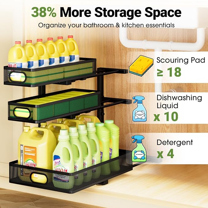 Under Sink Organizer 3 Tier, 2 Pack L-Shaped Pull-Out Cabinet Organizer with Sliding Metal Mesh Drawers, Height Adjustable Under Sink Storage Rack for Kitchen Bathroom Cabinet, Black