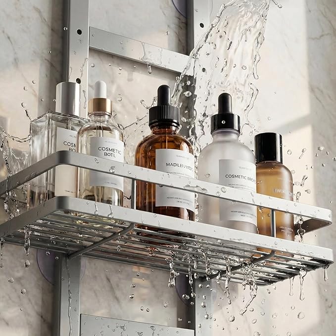 Over the Door Shower Caddy Hanging, Rustproof Shower Shelves with Waterproof Phone Pouch, 2-Tier Adjustable Bathroom Organizers and Storage, No Drilling Shampoo Soap Shelf (Silver 2-Tier)