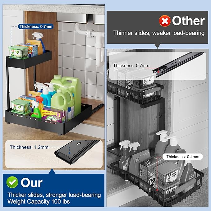 2 Pack Under Sink Organizer, Insputer 2 Tier Under Cabinet Storage Expandable Width 9.8"-15" & Height Adjustable, Thickened Pull Out Shelf for Bathroom, Kitchen, Laundry, Pantry(Black)