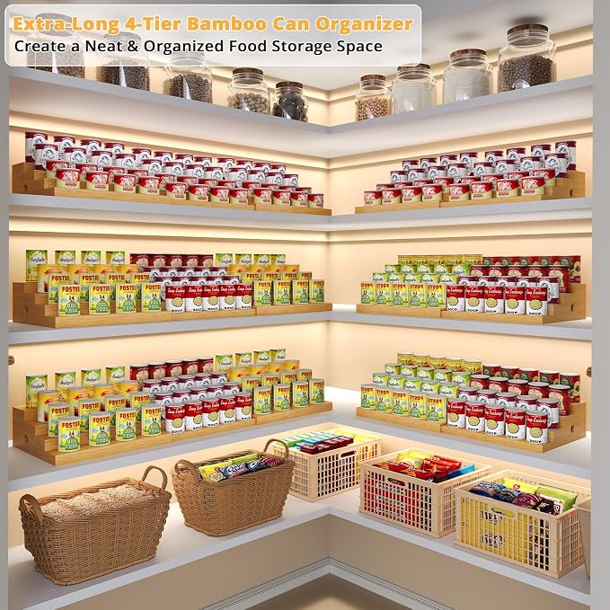 4-Tier Extra-Long Expandable Can Rack, Adjustable Bamboo Organizer for Pantry, Can Storage Holder for Pantry Shelf & Countertop, Large Capacity Holds 60 Cans (3.75oz), Patent Pending