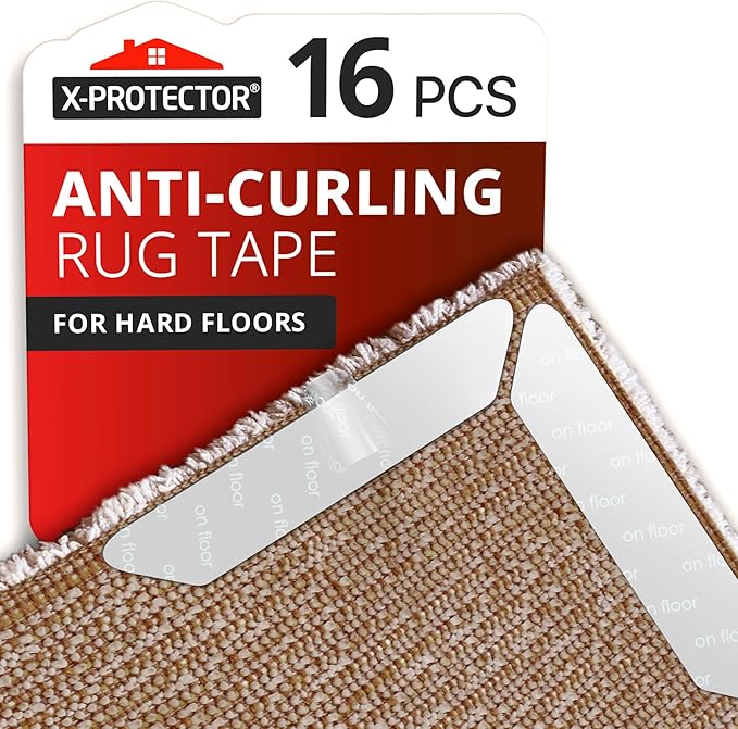 X-Protector Rug Tape - 16 Pcs Set - White Anti-Slip & Anti-Curling Carpet Tape for Hard Floors - Premium Rug Pad Gripper - Carpet Corner Grippers to Keep Your Carpet in Place & Make Corners Flat