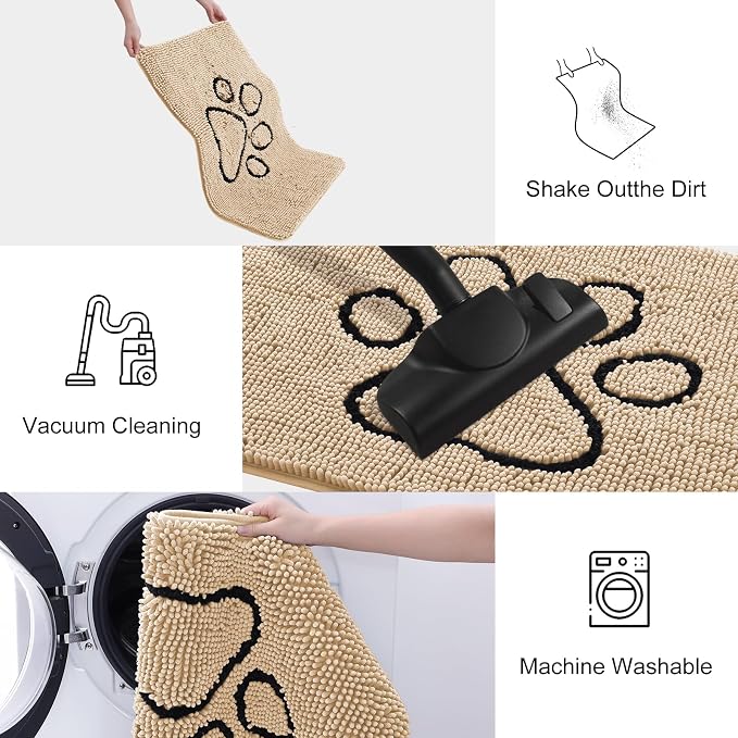 Smiry Dog Door Mat for Muddy Paws, Absorbent Dirt Trapper Non Slip Quick Dry Washable Chenille Mat for Mud Dogs, Entry Rug for Indoor and Outdoor (36x24 Inches, Beige and Black