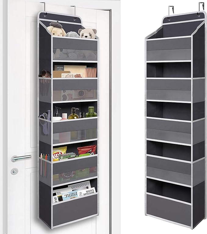 TYMENSH Gray Over Door Organizer with 5 Large Clear Pockets and 6 Side Mesh Pockets, Anti-Tilt Hanging Door Storage for Closet, Bathroom, Bedroom, Dorm, Nursery, Toys