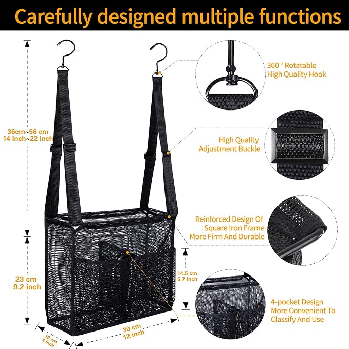 4 Storage Pockets Adjustable Hanging Mesh Bathroom Bag, Shower Caddy College with Hooks, Applied to College Dorm Rooms, Gym, Swimming and RV Travel (Black)