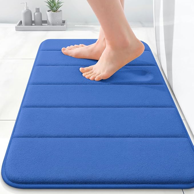 OLANLY Memory Foam Bath Mat 35x16, Super Soft Absorbent Bathroom Rugs, Quick Dry, Machine Washable Shower Floor Rugs, Bathmat Carpet, Bathroom Home Decor Accessories, Deep Navy Blue