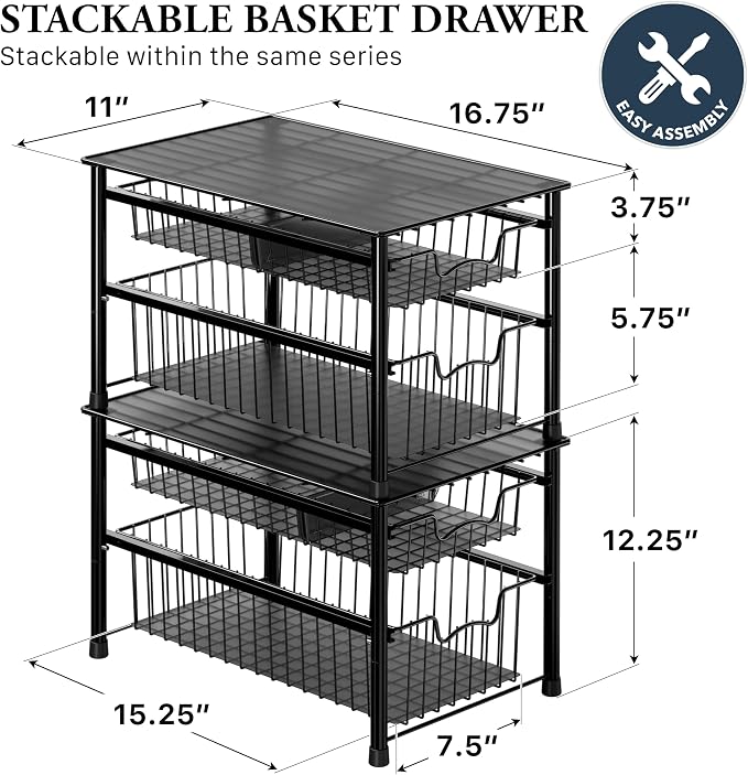 Simple Houseware Stackable Sliding Basket Organizer Drawer, Black, 2-Tier