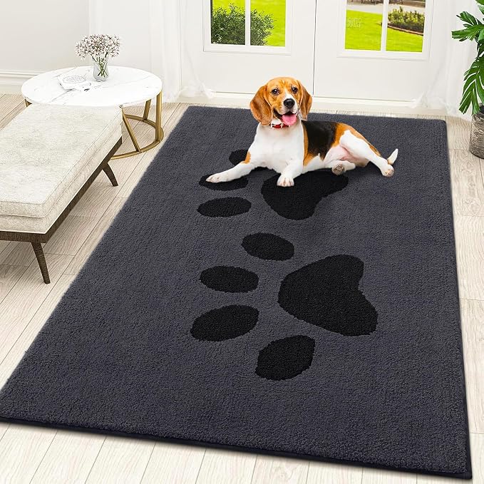 Smiry Dog Door Mat for Muddy Paws, Absorbs Moisture and Dirt, Low-Profile Entryway Mat with Non-Slip Backing, Entry Indoor Outdoor Doormat for Inside Floor (48x32 Inches, Black, Paw