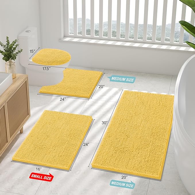 Smiry Luxury Chenille Bathroom Rugs 47x17, Extra Soft and Absorbent Shaggy Bath Mat, Machine Washable, Non-Slip Plush Carpet Runner for Tub, Shower, and Floor, Home Decor Accessories, Yellow