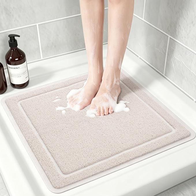 Hargiis Square Non-Slip Shower Mat, Anti Slip Bathtub Mat, Fast Drying Bathtub Mats, UpgradedFoot Scrubber Mat, Anti Slip Mat for Tub, Floor, Bathroom, Kitchen, Hotel (Beige 24"×24")