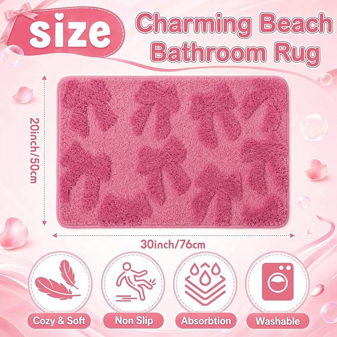 Capoda 1 Pcs Pink Bow Bathroom Rug 20 x 32 Inch Coquette Bath Mat Non-Slip Soft Plush Microfiber Coquette Shower Rug for Bathroom Bedroom Entryway Laundry Room Decor(Bow, Pink)