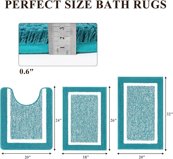 Pauwer Bathroom Sets 3 Pc Shower Rugs w/ U-Shaped Mat, Absorbent Microfiber Plush Mats, Non Slip, Machine Wash, Shaggy Aqua Blue