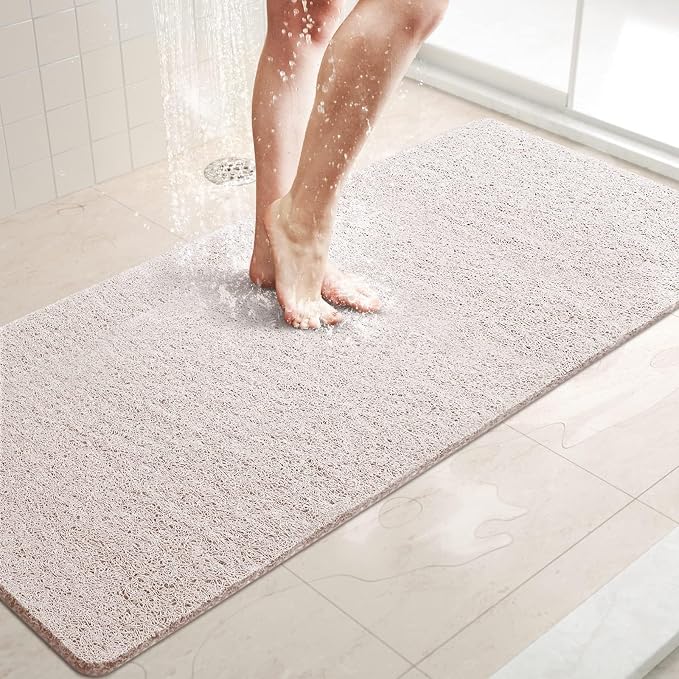 LuxStep Shower Mat Bathtub Mat,47x16 inch, Non-Slip Bath Mat with Drain, Quick Drying PVC Loofah Bathmat for Tub,Shower,Bathroom (Phthalate Free,White)