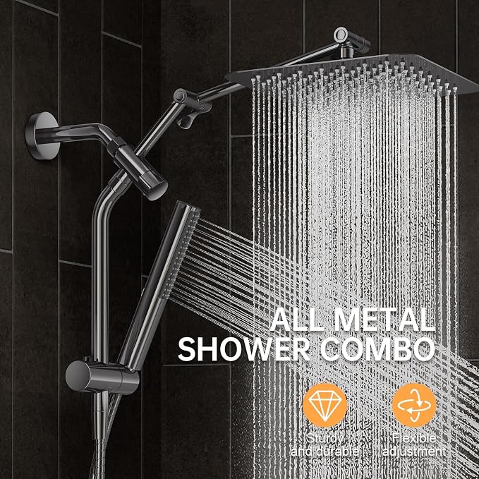 Veken All Metal 10" Shower Head with Handheld, Luxurious Square Double Rain Shower Heads with Spray Combo, Dual High Pressure Detachable Rainfall Showerhead with Extension Arm, Long Hose,Gunmetal Gray