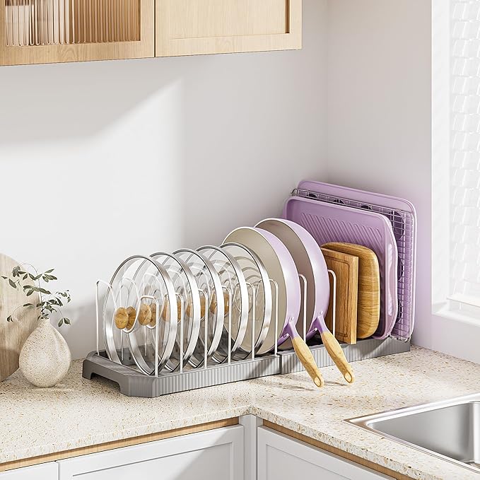 MUDEELA Pot Lid Organizer Rack for Cabinet, Expandable Pots and Pans Organizer under Cabinet with 12 Adjustable Dividers, Pan Organizers Holder inside Cabinet for Cutting Boards, Baking Sheets, Grey