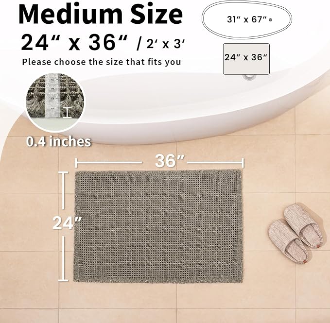Waffle Bath Mat - Boho Bathroom Rugs Non Slip Washable, Super Absorbent & Quick Dry, Soft Bath Mat Farmhouse Bathroom Decor, 24'' x 36'', Olive Green
