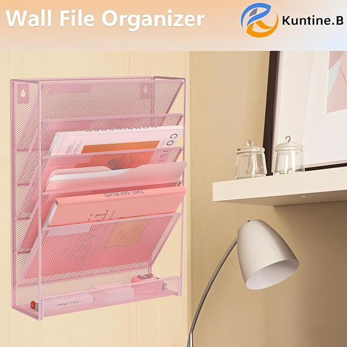 Kuntine.B 6-Tier Wall File Organizer Hanging File Organizer Cubicle Organizer Wall File Holder for Office Home (Pink, 6 Tier)