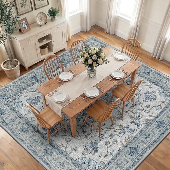 RELEANY Area Rugs Square 10ft Washable Non-Slip, Floral Vintage Distress Medallion Carpet for Living Room Bedroom Dining Room, Light Blue Navy Gray White