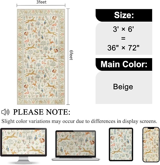 DUKINO 3x6 Washable Runner Rug, Low Pile Animal Print Non Slip Runner Rug for Kitchen, Lightweight & Non Shedding Indoor Carpet for Hallway, Kitchen, Entryway, Bathroom, Laundry, Beige