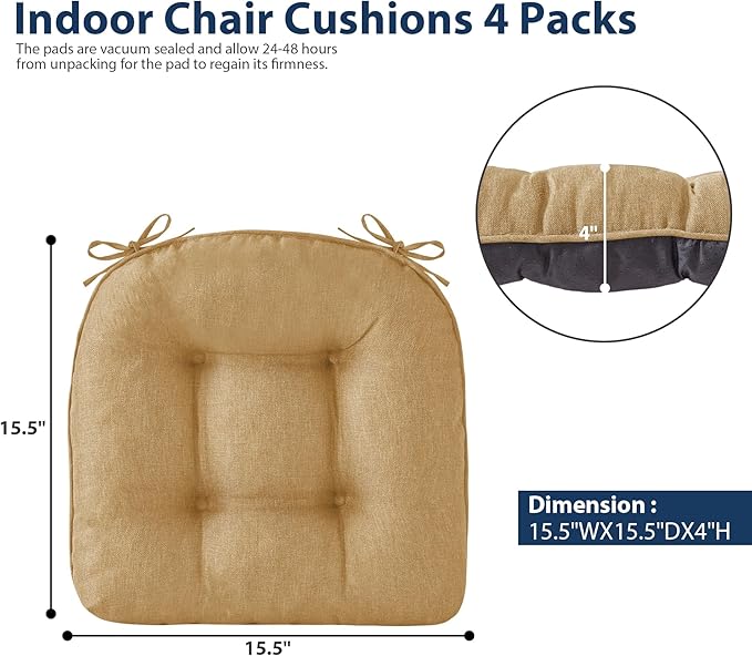IASEAHK Chair Cushions for Dining Chairs, Seat Cushions for Kitchen Chairs, Indoor Seat Cushions with Ties, Tufted Foam Chair Pads, Non Slip Chair Cushions Set of 6, 15.5" x 15.5" x 4", Khaki