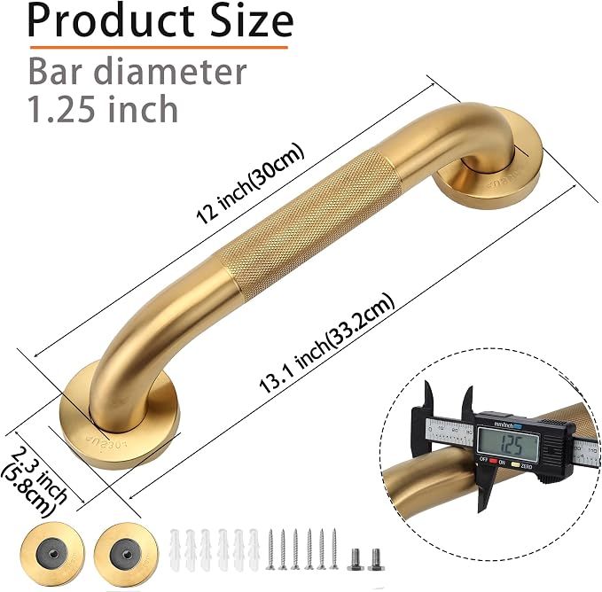 Shower Grab Bar, 2 Pack 12 Inch Gold Bathroom Grab Bar, 1.25" Diameter 304 Stainless Steel Anti-Slip Grab Bars for Bathtubs and Showers, Handicap Shower Grab Bar for Seniors Elderly