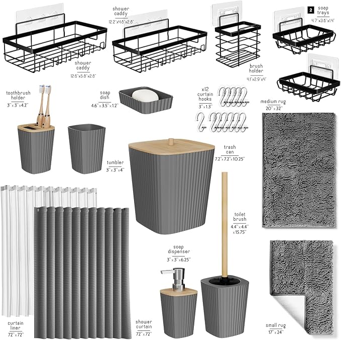 Clara Clark Bathroom Accessories Set - 27PC Bathroom Set with Adhesive Corner Shower Caddy Hanging, Bathroom Sets with Shower Curtain and Rugs, Grey Shower Curtain Set with Bathroom Trash Can