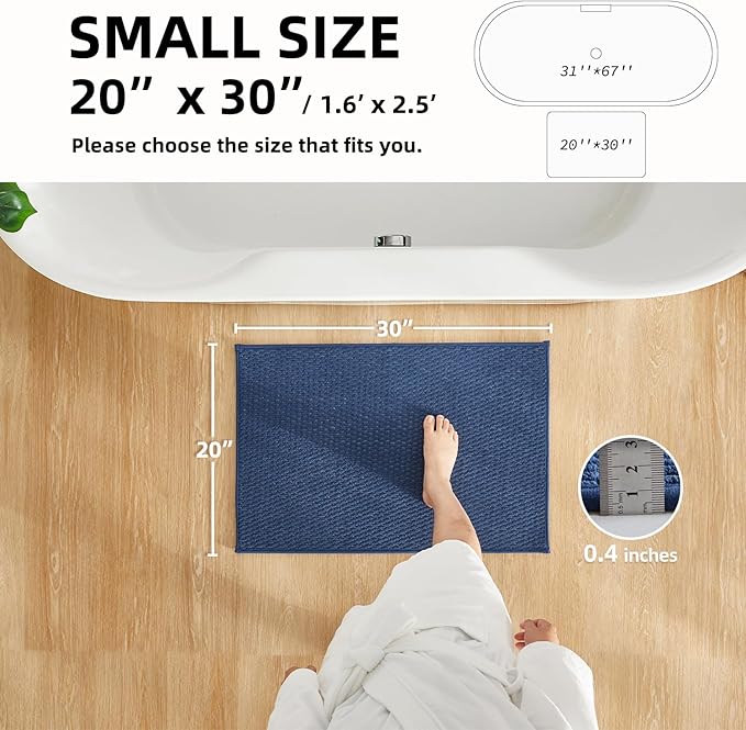 TYUU Bathroom Rugs Non Slip Washable, Super Absorbent Thin Bath Mat Small Quick Dry Low Pile Bathroom Rug, Navy Blue 20"x30"