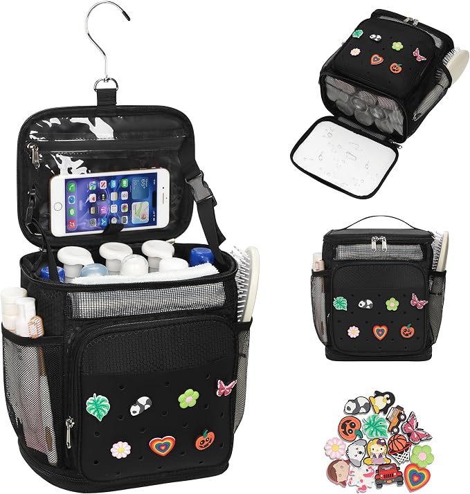 Shower Caddy Portable, Hanging Shower Caddy with DIY Decoration Charms for College Dorm Room Essentials, Quick Dry Shower Bag Mesh Toiletry Bag for Bathroom, Gym, Camping, Swiming, Beach, Traveling