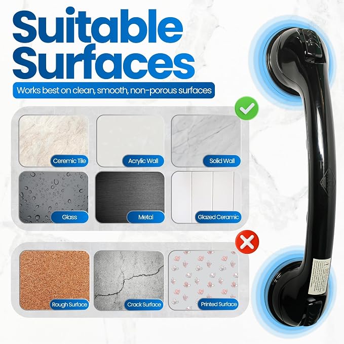 Safe-er-Grip Changing Lifestyles Suction Cup Shower Grab Bar 16 Inch Safety Assist Handle for Bathtub and Shower No Drill Portable Balance Support Non Slip Grip Black