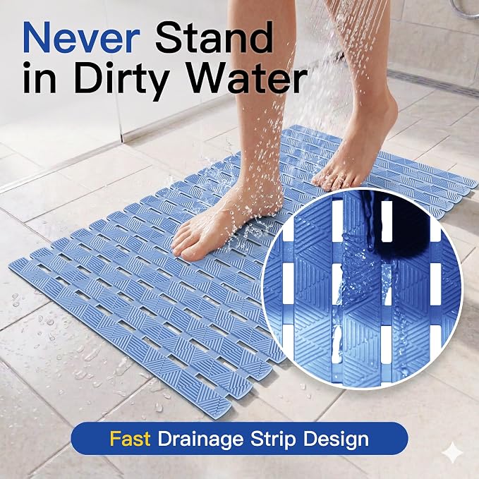 Non Slip Bathtub Mat - Shower Mats for Inside Shower, Rectangular PVC Tub Mat with 200+ Suction Cups for Safety, 40x16 Inch, Pastel Blue
