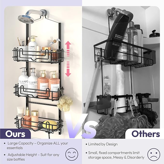 SWTYMIKI Shower Caddy Hanging Organizer - 3-Tier Rustproof Shower Organizer Over Showerhead with Adjustable Baskets, 24 Hooks, Soap & Razor Holder - No Drill Large Bathroom Storage Rack, Black
