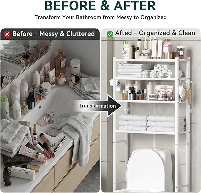 GloTika 4-Tier Over The Toilet Storage, 200lb Total Capacity Metal Bathroom Organizer with 36" Clearance, Includes Paper Holder & 4 Hooks, Space Saving Rack for Bathroom Laundry Room (64" H, White)