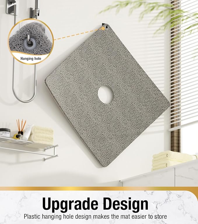 HITSLAM Non Slip Shower Mat for Textured Tub Floor, 21x21 Inch Square Loofah Bath Mat for Inside Shower Stall, Quick Drying, No Suction Cups, Grey