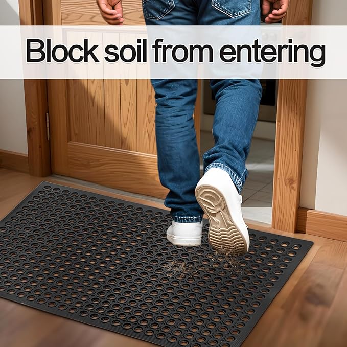 Nexboraque Anti Fatigue Rubber Floor Mats, 24 x 36 Inch Non-Slip Restaurant Mat Door Mat Drainage Mat for Indoor Outdoor Wet Area, Pool Entry, Garden - Black