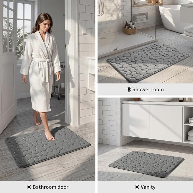 YIHOUSE Memory Foam Runner Rug, Cobblestone Bathroom Runner Rugs Super Water Absorbent Bath Mats for Bathroom Machine Washable Bath Rugs for Hallway Bedroom Laundry Room(24 x 47,Dark Gray)