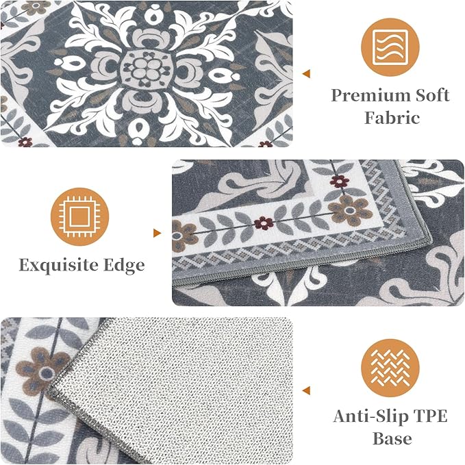 3-Piece Kitchen Rugs, Non-Slip & Washable Floor Mats, Water-Absorbent Area Pad, Standing Desk Mat for Office, Home, Doorway, Laundry, Kitchen Accessories (Grey)