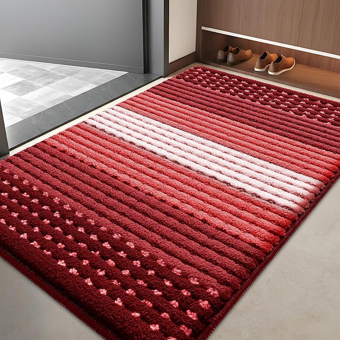 Kitinjoy Indoor Outdoor Door Mat, 40x32 Non-Slip Absorbent Dirt Trapper, Low-Profile Washable Inside Entrance Front Floor Mat, Sturdy Soft Entry Dotted Ombre Doormats for Entryway, Burgundy