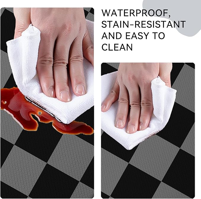 Black Grey Checkered Grid Checkerboard Kitchen Rug Sets [2 PCs], Anti-Fatigue, Waterproof Non-Slip Kitchen Mats Heavy Duty Comfort Foam Rug for Kitchen, Floor, Laundry,17"x29"+17"x47"