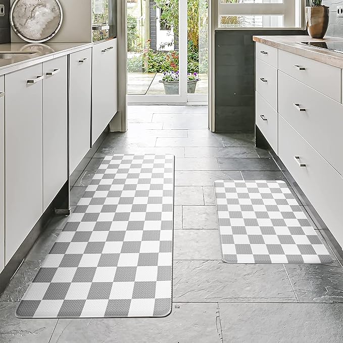 Grey Checkered Grid Checkerboard Kitchen Rug Sets [2 PCs], Anti-Fatigue, Waterproof Non-Slip Kitchen Mats Heavy Duty Ergonomic Comfort Foam Rug for Floor, Home, Laundry,17"x29"+17"x47"