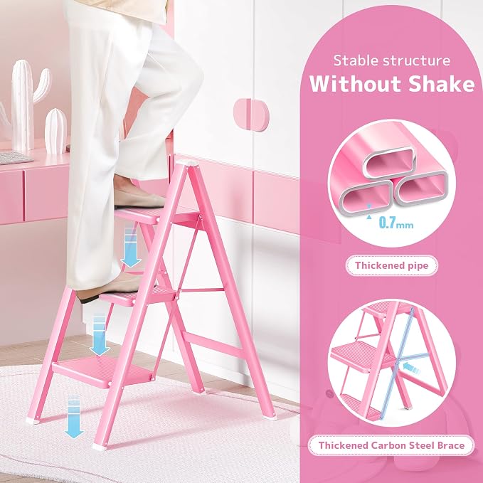 Pink Step Ladder 3 Step Folding, Small Step Stool for Women to Reach Higher Places, Widen 7.9Inch Pedal for Comfortable Use, Anti-Slip Foot for Safe Use, Sturdy and Fold Thin, 330Lbs Load