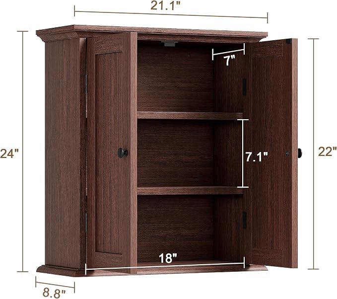 ChooChoo Bathroom Wall Cabinet, Over The Toilet Space Saver Storage Cabinet, Farmhouse Medicine Cabinet with 2 Doors and Adjustable Shelves, Cupboard, Walnut