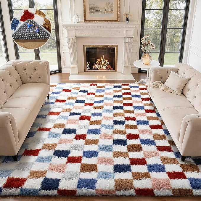 Ophanie Checkered Rainbow Rug for Living Room Bedroom, Colorful Fluffy Soft Cute Fuzzy Area Rugs, Shag Plush Shaggy Bedside Floor 8x10 Furry Carpet for Kids Teen Dorm Nursery Home Decor Aesthetic