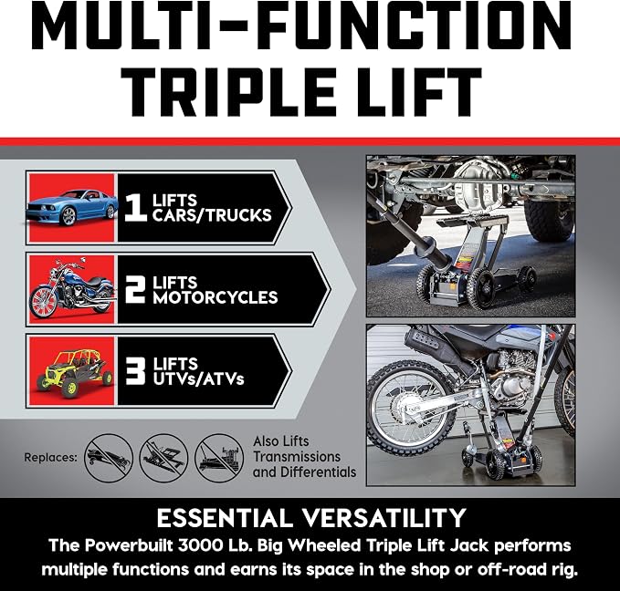 Powerbuilt Big Wheel Triple Lift Garage Jack, 3000 Pound Off Road Lift, Truck, Car, Motorcycle 1.5 Ton Capacity, 620613ECE