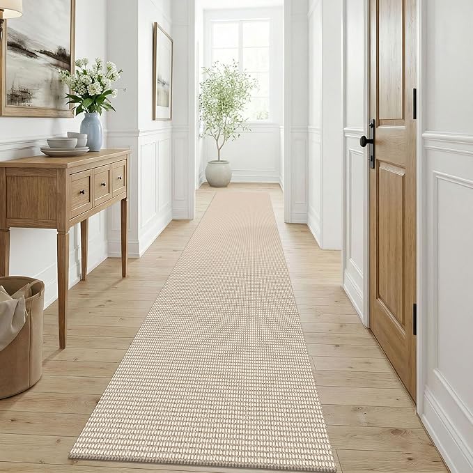 KOZYFLY Cotton Runners for Hallway 3x9, Wide Washable Runner Rug, Woven Non Slip Kitchen Runner, Braided Entryway Rug, Floor Carpet for Foyer, Bedroom, Hall, Ivory/Camel/Brown