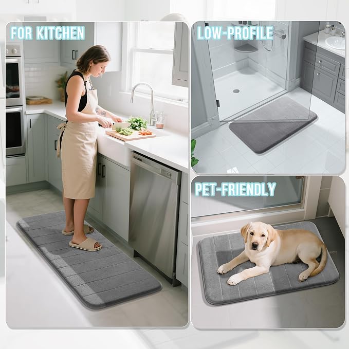 Yimobra Memory Foam Bath Mat Set 3 Pieces- Super Soft Absorbent Quick Dry Bathroom Rug Sets, Machine Washable Non Slip Floor Carpet for Tub Shower, Vanity & Toilet Base, Gray