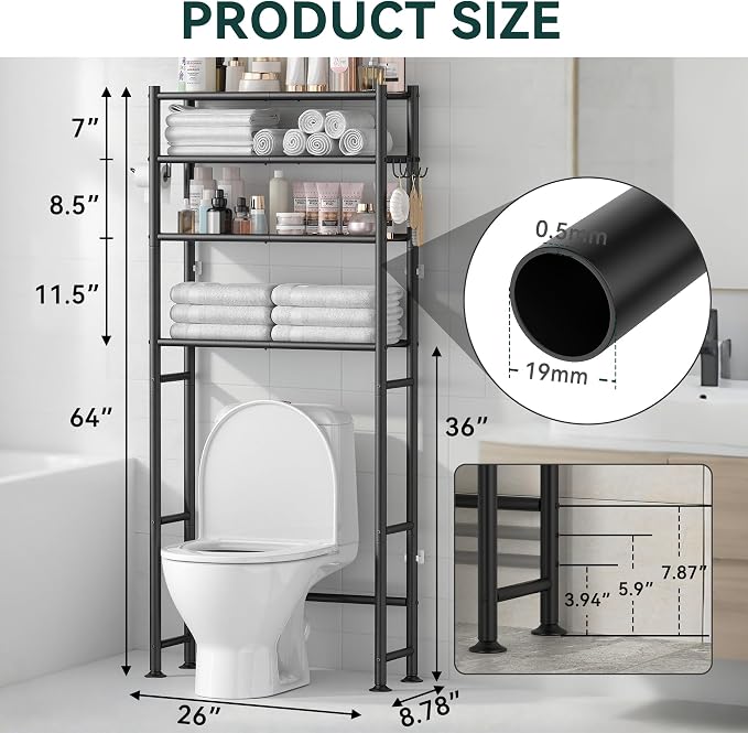 GloTika 4-Tier Over The Toilet Storage, 200lb Total Capacity Metal Bathroom Organizer with 36" Clearance, Includes Paper Holder & 4 Hooks, Space Saving Rack for Bathroom Laundry Room (64" H, Black)