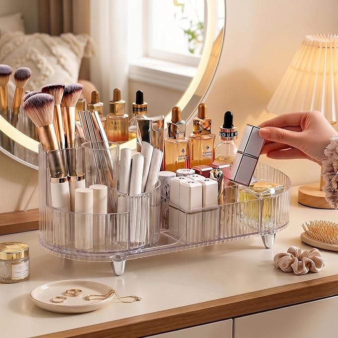 Booklov Rotating Makeup Organizer for Vanity, Large Capacity Cosmetic Display Case, Clear Acrylic Countertop Beauty Storage Holder for Skincare, Brush Eyeshadow Lipstick, Counter Desk, Crystal Clear