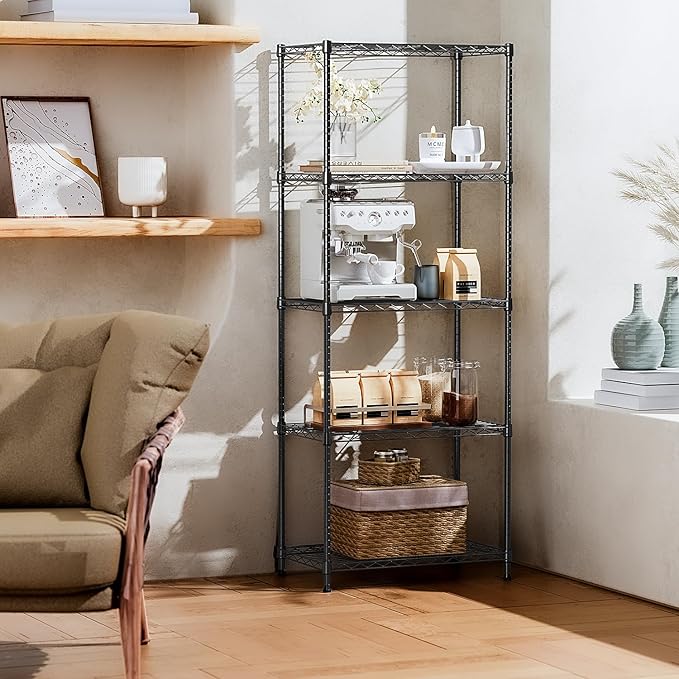 IZEUK 5-Tier Black Metal Storage Shelves, Adjustable Wire Shelving Unit for Kitchen, Bathroom, Pantry, Office, Garage, Organizer Wire Rack, 1250 lbs, 13.7" D x 23.6" W x 63" H