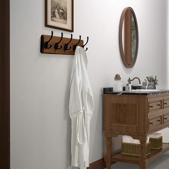 Dseap Wall Mounted Coat Rack: Patented, Heavy-Duty, 17.4" Long 5-Double-Hooks Wooden Hanger Rail for Winter Coats, Hat, Jacket, Clothing - Natural & Black, Pack of 2